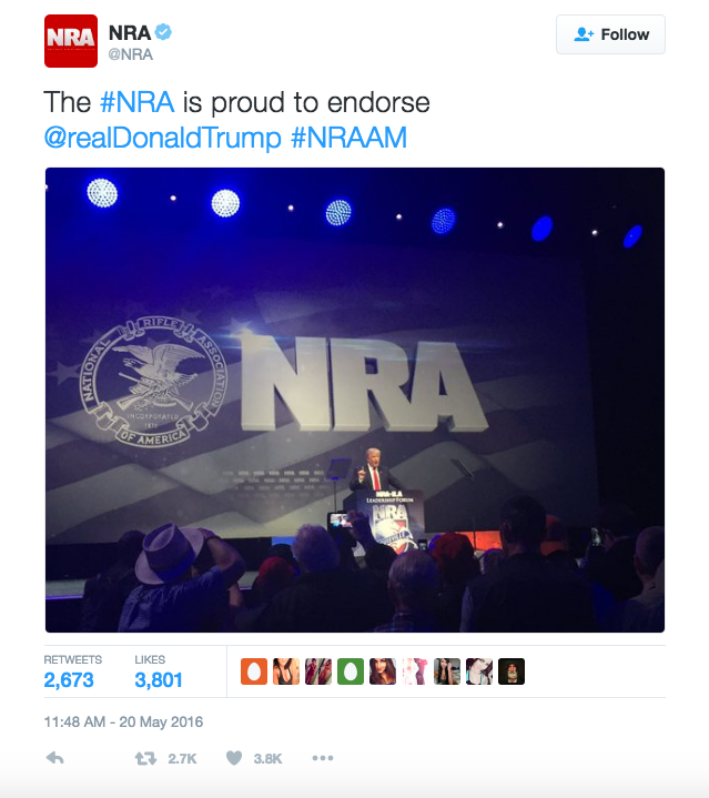 A Post from the NRA Twitter page, endorsing Trump following an address to the group. https://twitter.com/NRA