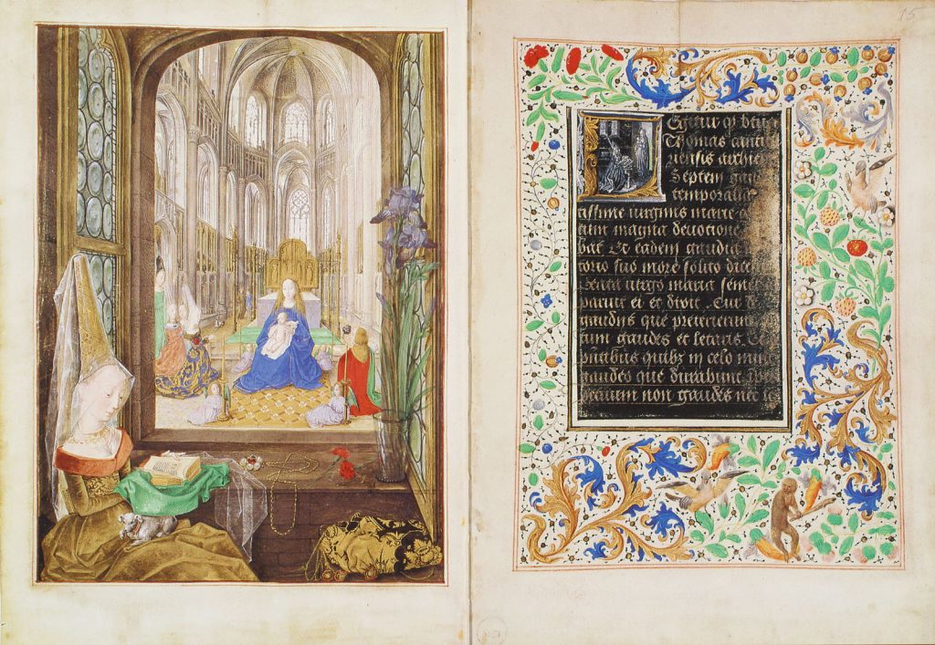 Mary of Burgundy reads her Book of Hours in front of a window sill. (The Hours of Mary of Burgundy. Österreichische Nationalbibliothek, cod. 1857, ff.14r-15r.)