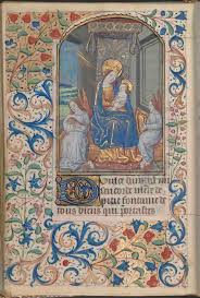 Mary holding Baby Jesus in the Connolly Book of Hours. Credit to Boston College University Libraries fir borrowed use.