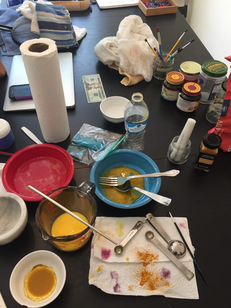 Bonnie's kitchen table set up with all our experiment supplies