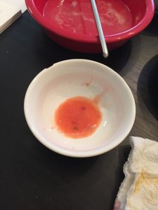 A picture of a bowl of mashed strawberries and egg yolk as an experiment for red pigment.