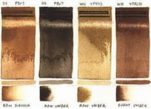 Four test swatches of the colors: Burnt Sienna, Raw Umber, Raw Sienna, and Burnt Umber. The two left from Daniel Smith pigments, the two right from Winsor & Newton pigments.