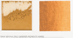 A image depicting the color of raw sienna in powdered (clay) form as well as in painted form.