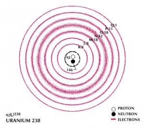 Bohr model of a Uranium atom. Electron shells are indicated by the capital letters; adjacent numbers indicate the total number of electrons in the shell.