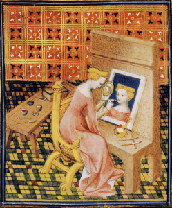 A medieval woman painting a self portrait. 