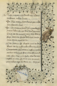 Beginning of the prayer in lat. 1156A, decorated with an eagle bearing the Cross of Lorraine And a sail with René’s motto “en dieu en soit” surrounded by a foliate 3 sided border. https://gallica.bnf.fr/ark:/12148/btv1b6000466t/f305.item.zoom