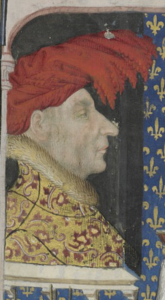 Portrait of Louis II of Naples, father of René d’Anjou. Pictured in a red feathery hat and surrounded by heraldry. https://gallica.bnf.fr/ark:/12148/btv1b6000466t/f133.item.zoom