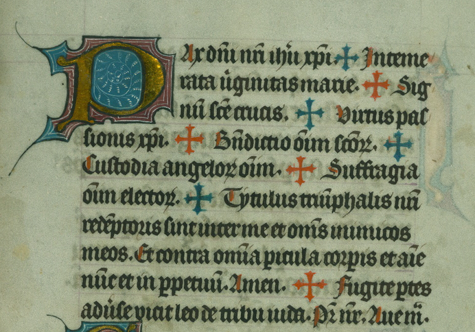 Image of Prayer 1 from Walters 172 with a decorated champ initial P and alternating blue and red crosses to separate lines.