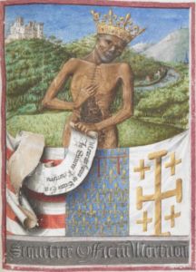  Incarnation of Death holding a banner and wearing a crown. Heraldry is present and a city can be seen on a hill in the background. Egerton 1070 folio 53r http://www.bl.uk/manuscripts/Viewer.aspx?ref=egerton_ms_1070_fs001ar