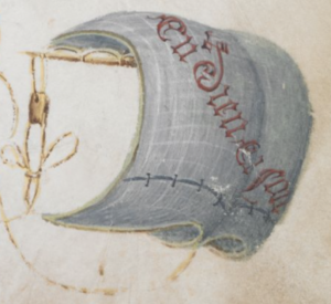 A banner featuring the motto "In dieu en soit" in red ink. This kind of heraldic device is found in numerous places throughout the manuscript.