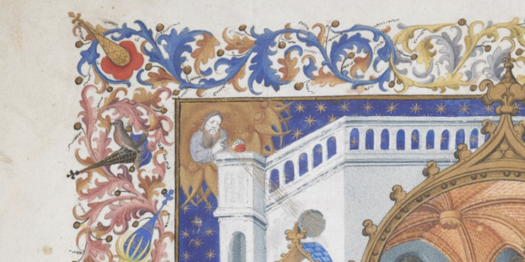 portion of a page in the Egerton 1070 manuscript featuring acanthus leaves and God looking down from heaven.