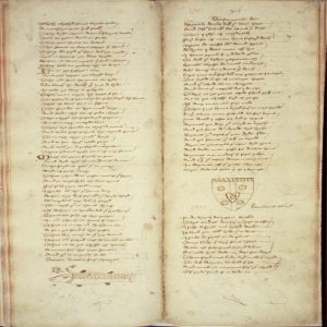 Oxford, Bodleian Library, Ashmole MS 61, fol 105v-106r Romance of the Passion, ‘Testamentum Domini,’ Lamentac[i]o b[eat]e M[ari]e
