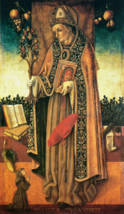 Bonaventure in robes surrounded by books and writing implements while he holds the “Tree of Life.”