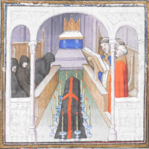 Image containing monks reciting from a book over a red and black coffin at a requiem mass. On the other side of the room are mourners dressed in black. 