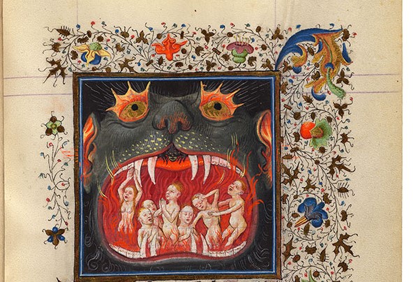 Medieval Hellmouth 1. Cropped image of MS M.917/945, p. 180–f. 97r in The Hours of Catherine of Cleves. Cropped to show Hellmouth only.
