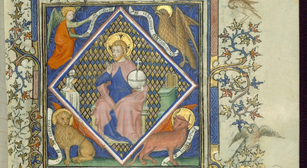 Walters Art Gallery, MS W.96. Fol. 92r. Symbols of the Four Evangelists surrounding Christ Enthroned.