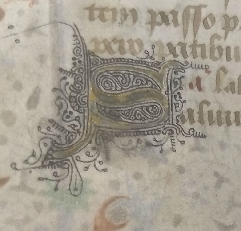 closeup of a gold initial surrounded by black penwork. The gold is heavily worn.