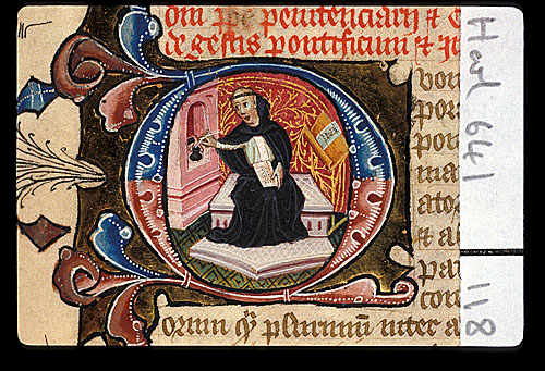 Illumination from a 14th century manuscript showing a scribe with an inkwell