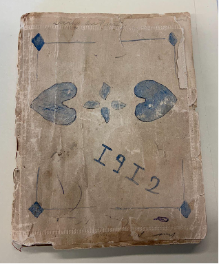 front cover of diary with blue illustrations and date