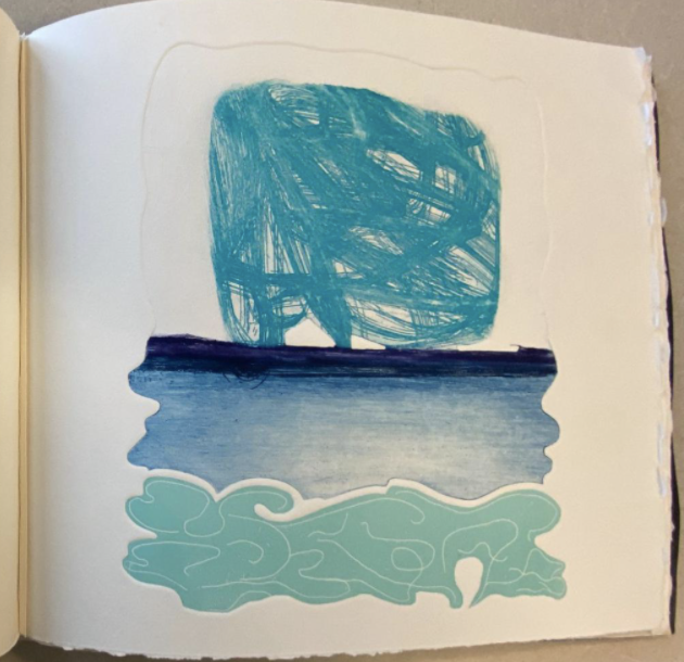 A print set into the page with irregular border, using teal, light and dark blue colors to form a coastline.