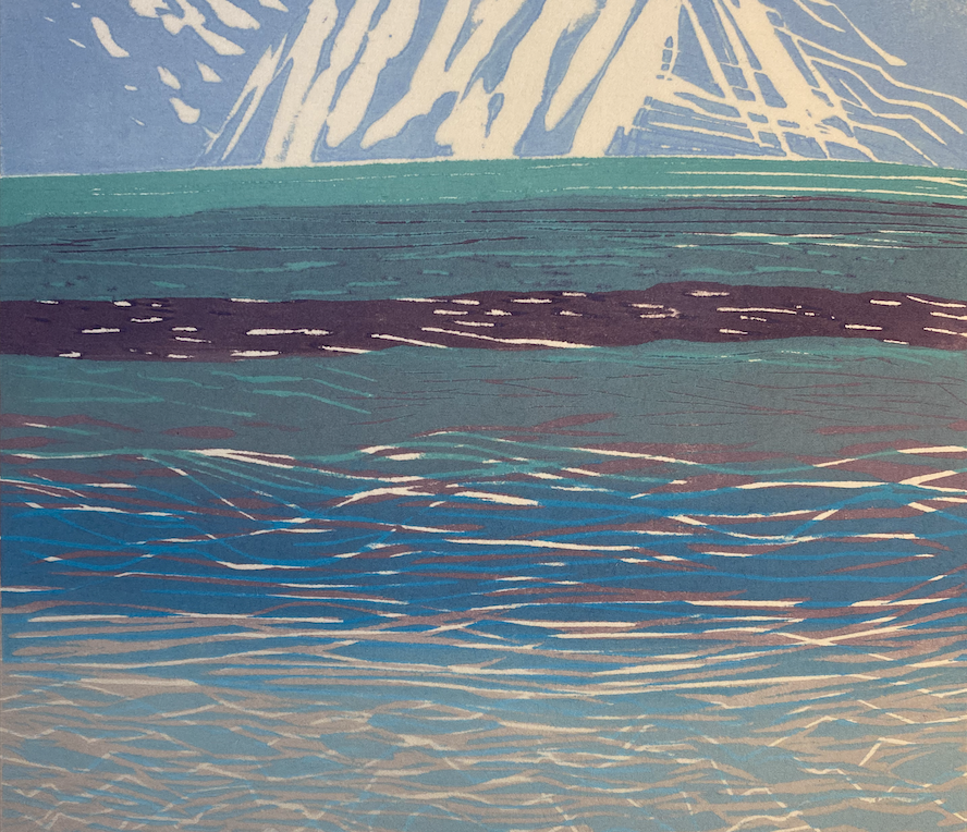 An illustrated coastline of blues, teal, and purple water.