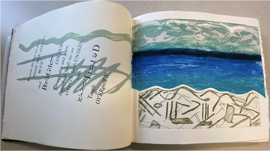 On the left page, a black text poetry excerpt runs diagonally over green squiggles. On the right, an aquatint, with tropical blues imitating sea and brown lines evoking sand below.