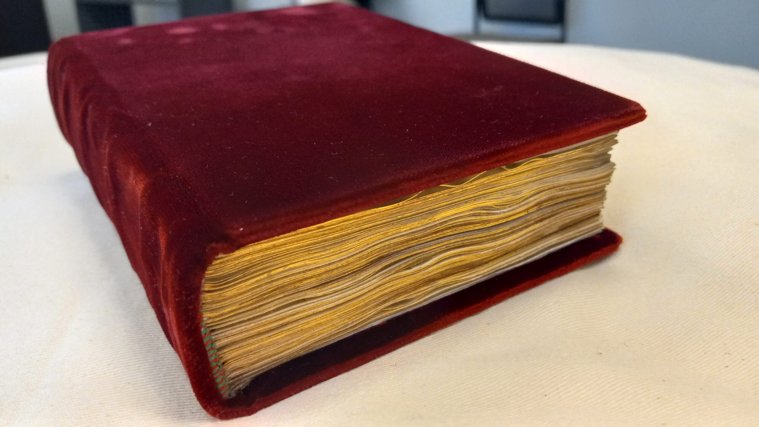 A book bound in red velvet; gilded text block. 