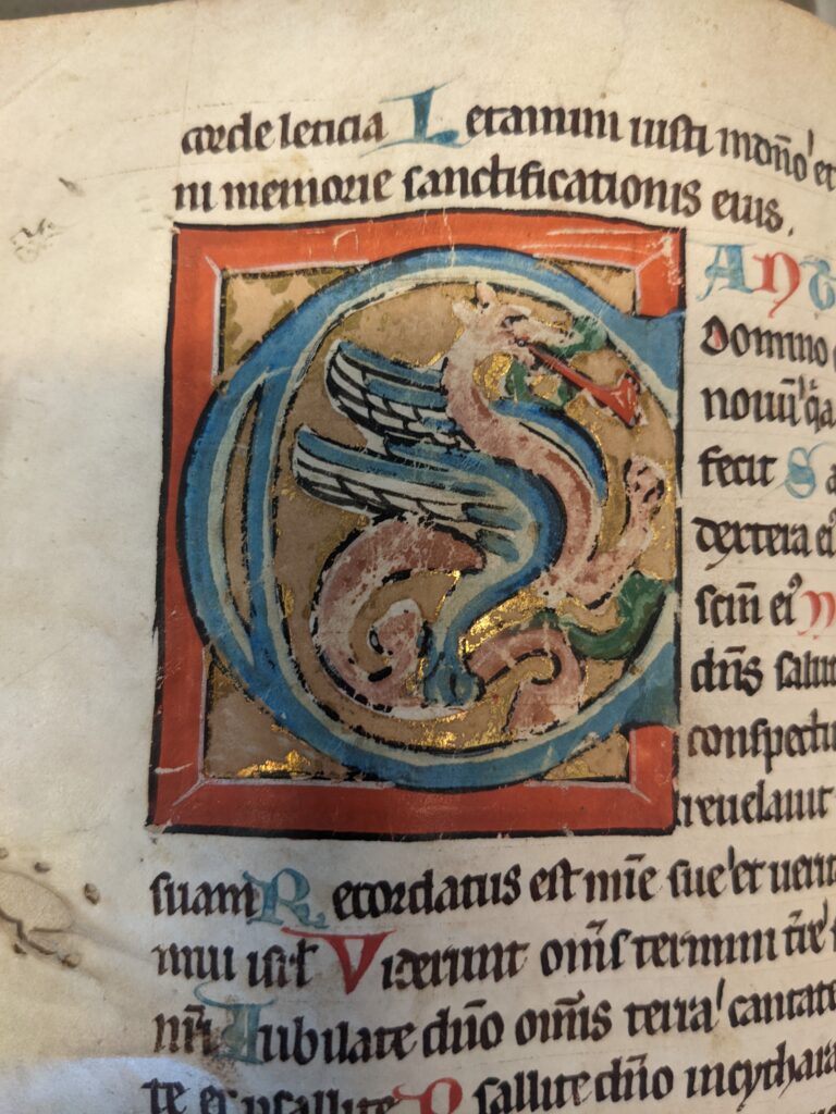 A medieval manuscript page with an initial showing a dragon