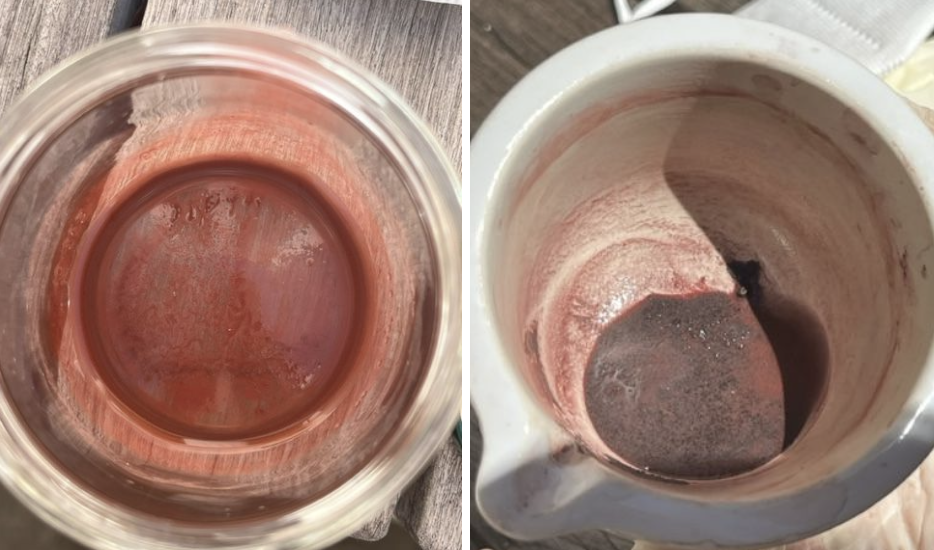 Two images side by side of sediment in vessels. Image 1 is bright red, washed sediment. Image 2 is brown sediment waiting to be washed. 