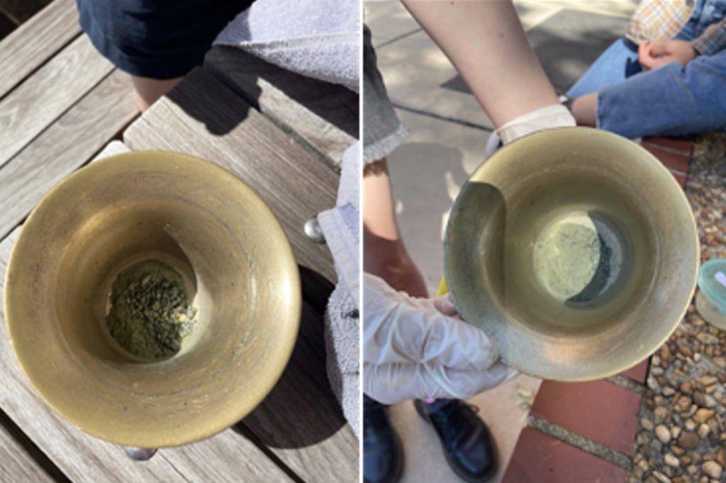 Left Image: Mid-stage of crushing celadonite: green powder with some large chunks in a mortar
Right Image: Fine celadonite powder after being ground in a mortar
