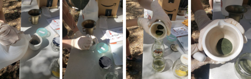 Image 1: Pouring water over ground celadonite in a ceramic mortar
Image 2: Student grinding the celadonite powder in water with the mortar and pestle
Image 3: Pouring out sediment water from a mortar into a jar
Image 4: Washed celadonite left in the mortar 