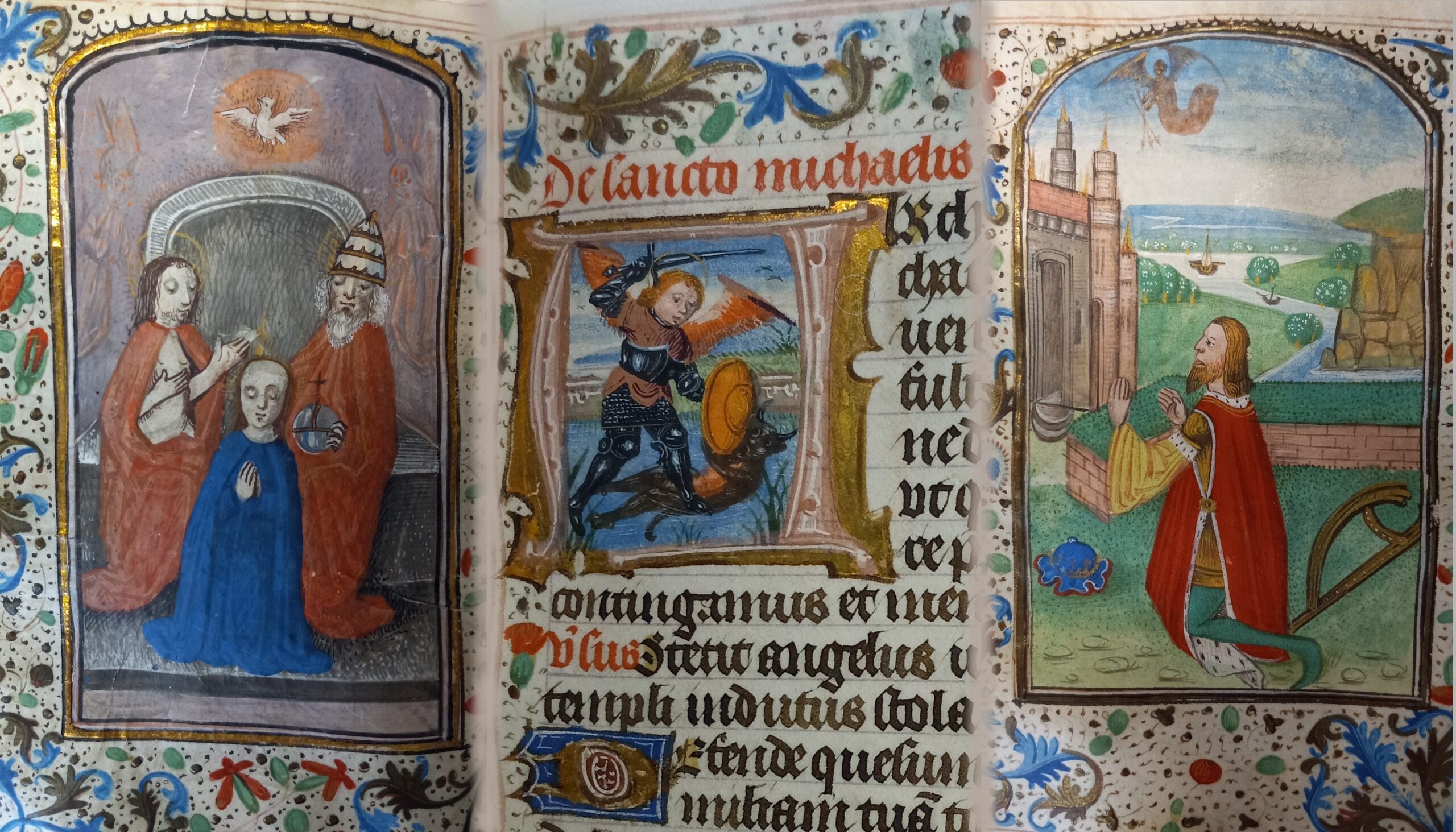 A young man puts a crown on a praying  woman's head; an old man holds an orb; a dove flies above them. A angel in armor with a sword and a shield stands on a beast. A man kneels in a prayer; a blue hat and a harp beside him.