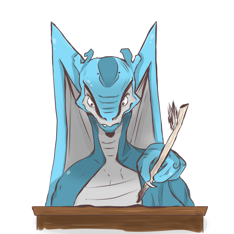 A cartoon dragon sits facing the viewer, holding a quill pen and looking down at what they are writing