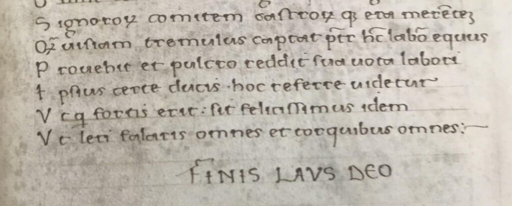 An image of the final lines of the sixteenth and final of Juvenal's Satires. Centered on the very last line is the phrase "FINIS LAVS DEO."