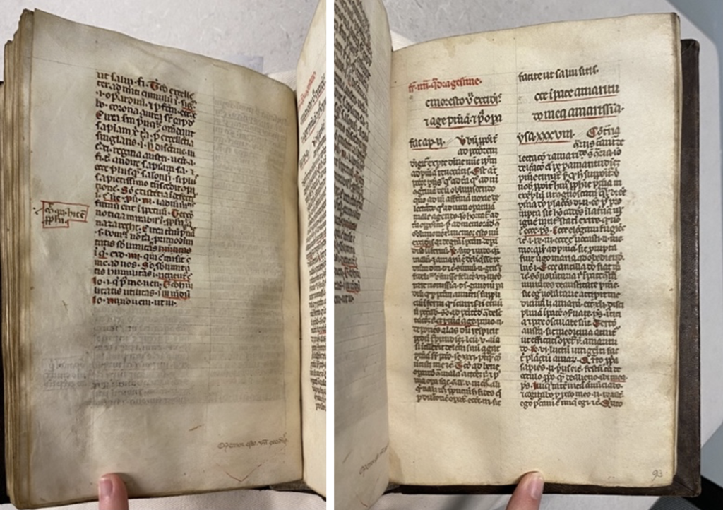 Left image: Manuscript page with one column of script
Right image: Manuscript page with two columns of script