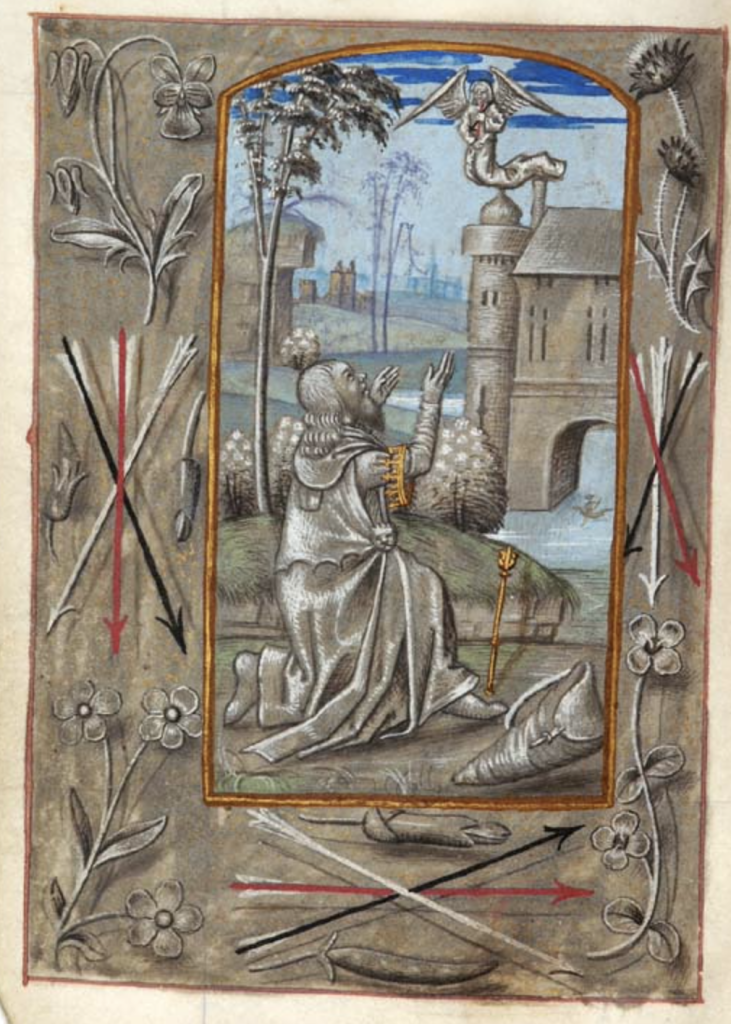 Black and white miniature of King David kneeling and looking toward an angel in the sky who is holding one red arrow. The borders of the miniature showcase three arrows: one red, one white, and one black.