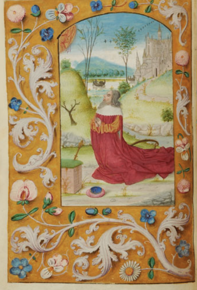 Full-page miniature of King David in prayer amidst a pastoral landscape with a castle. A three-arrow-bearing angel sketched in red appears in the top left corner and is surrounded by a yellow glow.