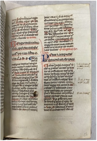 Manuscript page with writing in the margins, a decorated initial, and a small hole. 