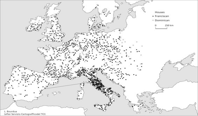 Map tracking the spread of Dominican and Franciscan mendicant orders in Europe during the 13th century. White and black dots show where the respective orders settled across Europe. 