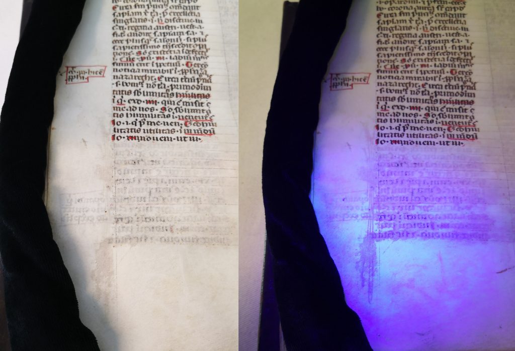 Two side-by-side photographs showing the verso of folio 92. The first shows it in normal light, and the second shows it under UV light. In the second photo, the traces of erased text are visible.