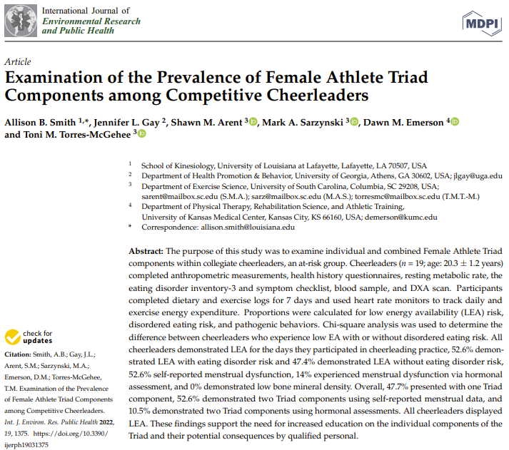 Abstract from the article, Examination of the Prevalence of Female Athlete Triad Components among Competitive Cheerleaders