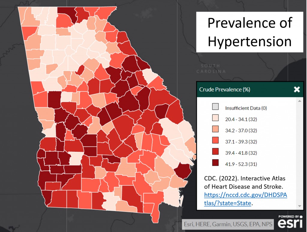 Map of Georgia showing county rates of hypertension. 