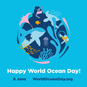 World Ocean Day graphic showing a clipart globe with marine flora and fauna around it.