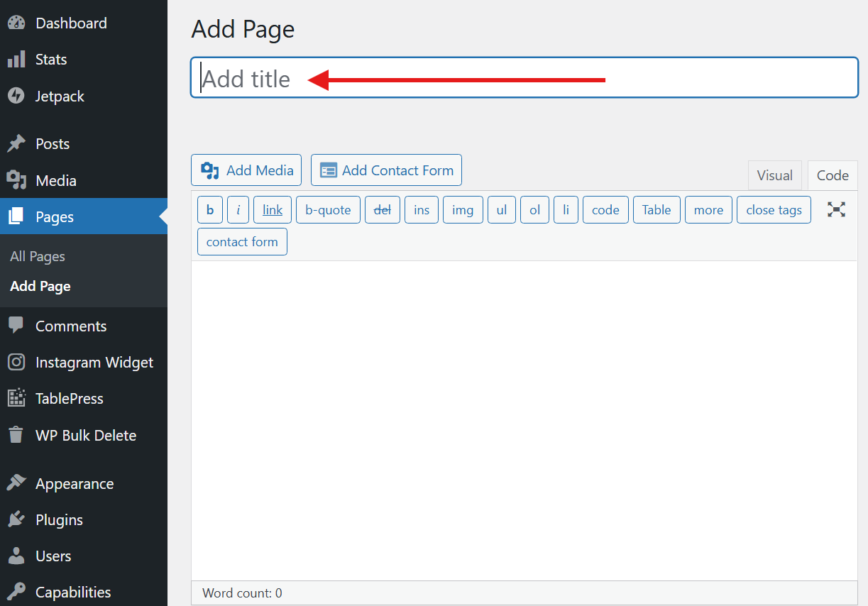 Screenshot of the WordPress dashboard highlighting the Add New Page menu