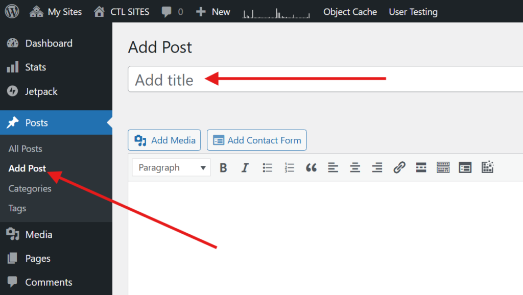Screenshot showing the Add New Post title and content area