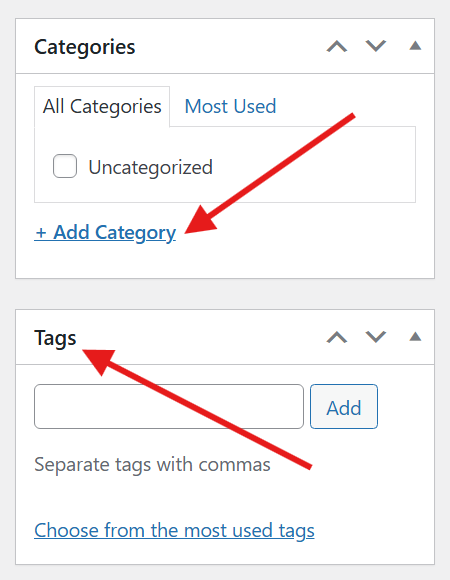 Screenshot showing the Categories and Tags side panel