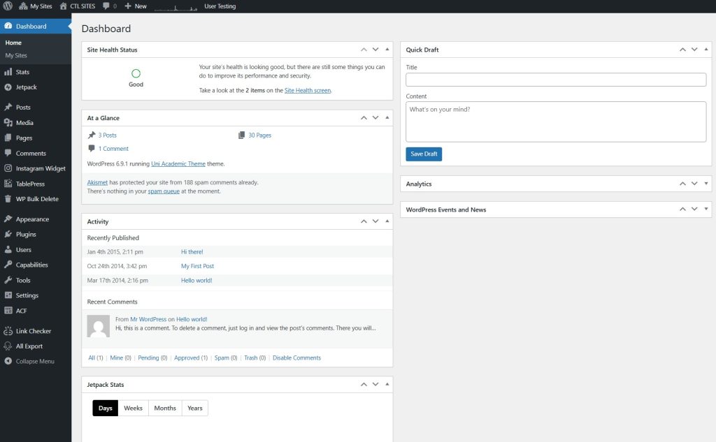 A screenshot of the main WordPress user dashboard.