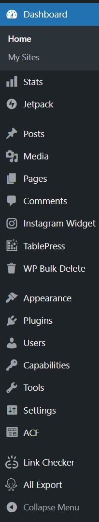 A screenshot of the left navigation menu in WordPress.
